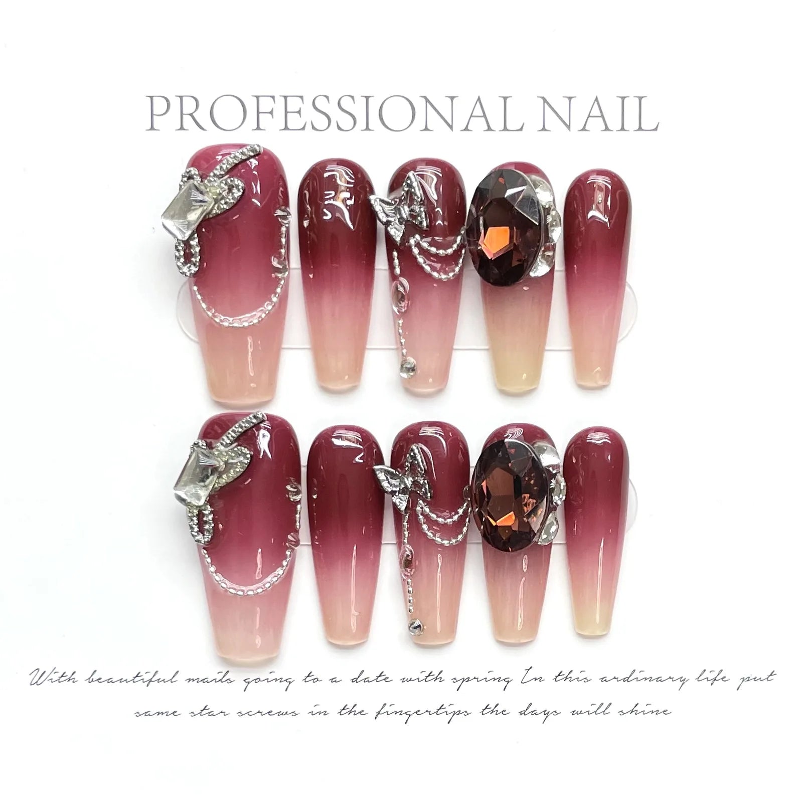 10 peças de unhas postiças super longas amêndoas vermelho-vinho, feitas à mão, brilhantes, com diamante, unhas francesas brilhantes, estilo olho de gato, unhas postiças de luxo