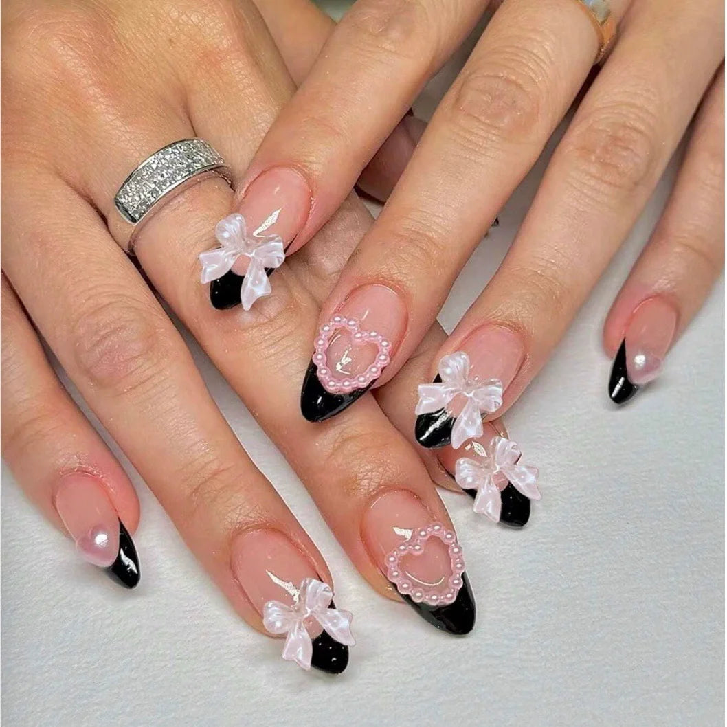 Valentine's Day Almond Press on Nails Set 3D Bow Love French Sweet False Nails Rhinestone Wearing Nail Tips Art Acrylic Manicure