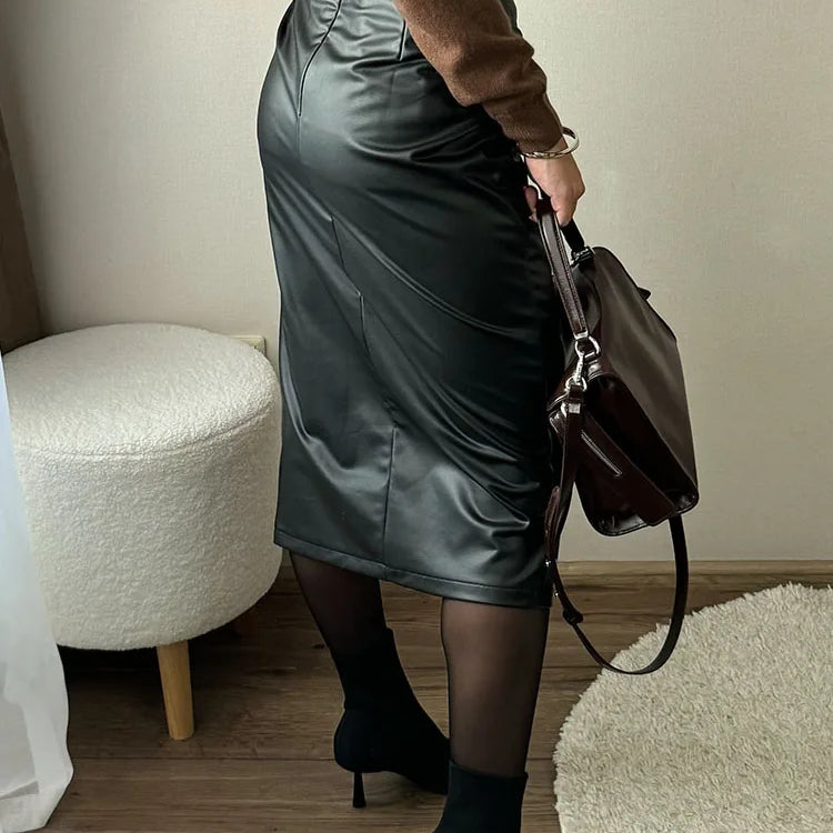 Women Leather Skirt Midi High Waist Elegant Autumn Zipper PU Front Slit Skirts Ladies Black Faux Leather Folded Skirt For Women