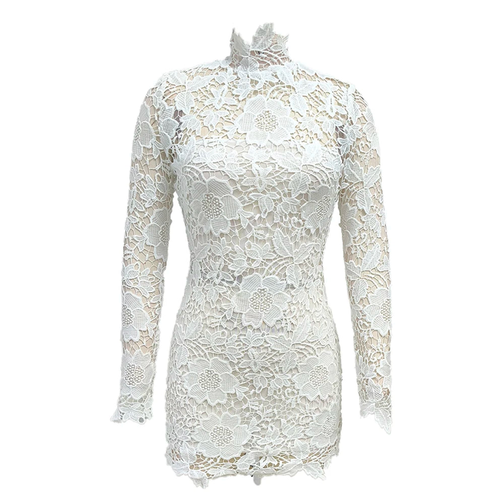 VC White Turtleneck Lace Floral Mini Dress For Women Long Sleeves Slim Bodycon Elegant Evening Party Cocktail Wear