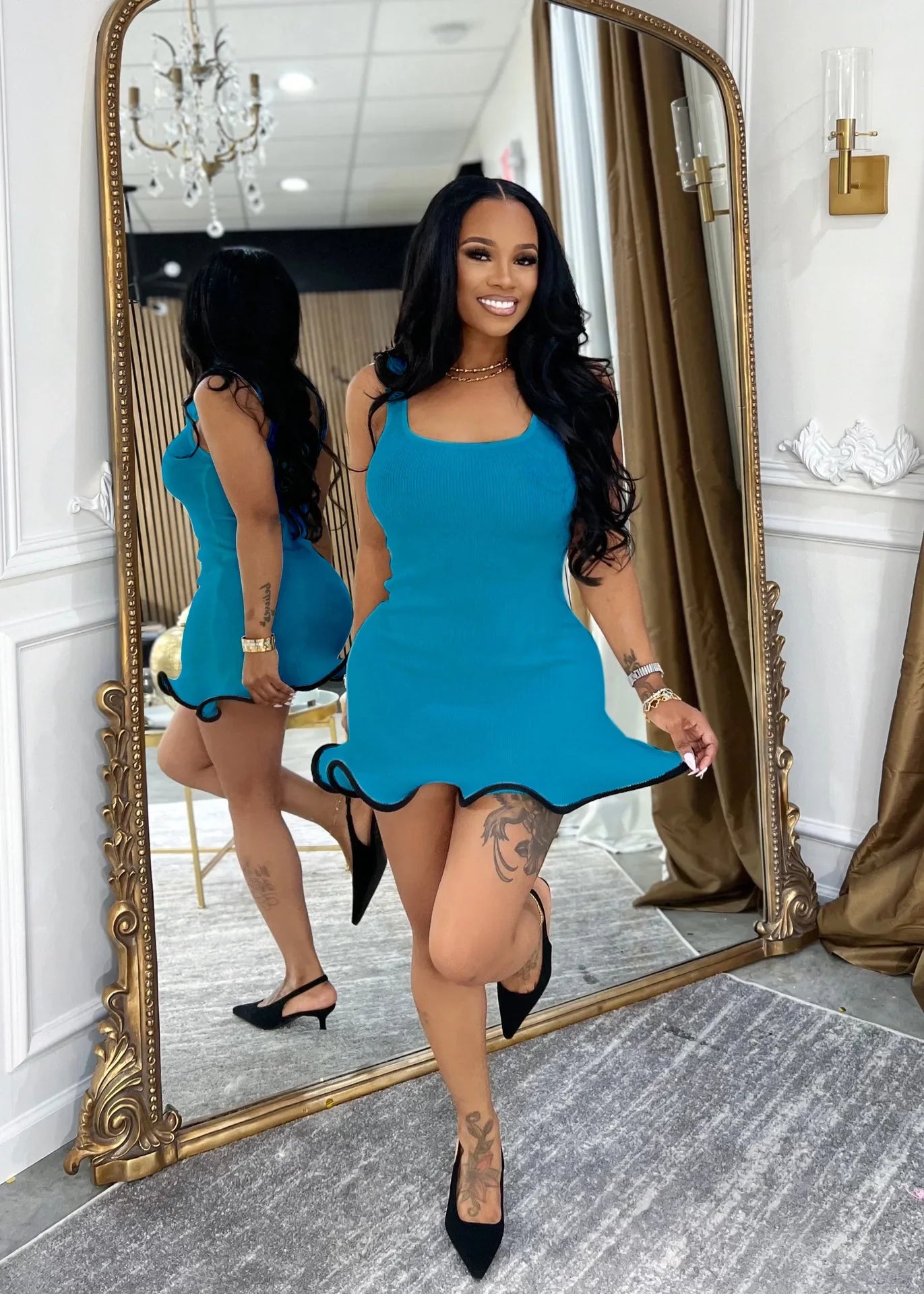 CM.YAYA Women Sleeveless O-neck Tank Mini Dress 2025 Summer Slim Sexy Sweet Club Party Evening High Street Ruffles Dresses Blue