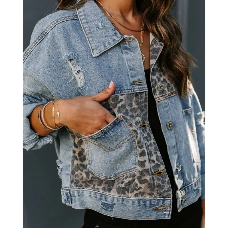 Denim Top Casual Coat jackets denim jacket women New Leopard Pattern Fashion Print Splice Perforated