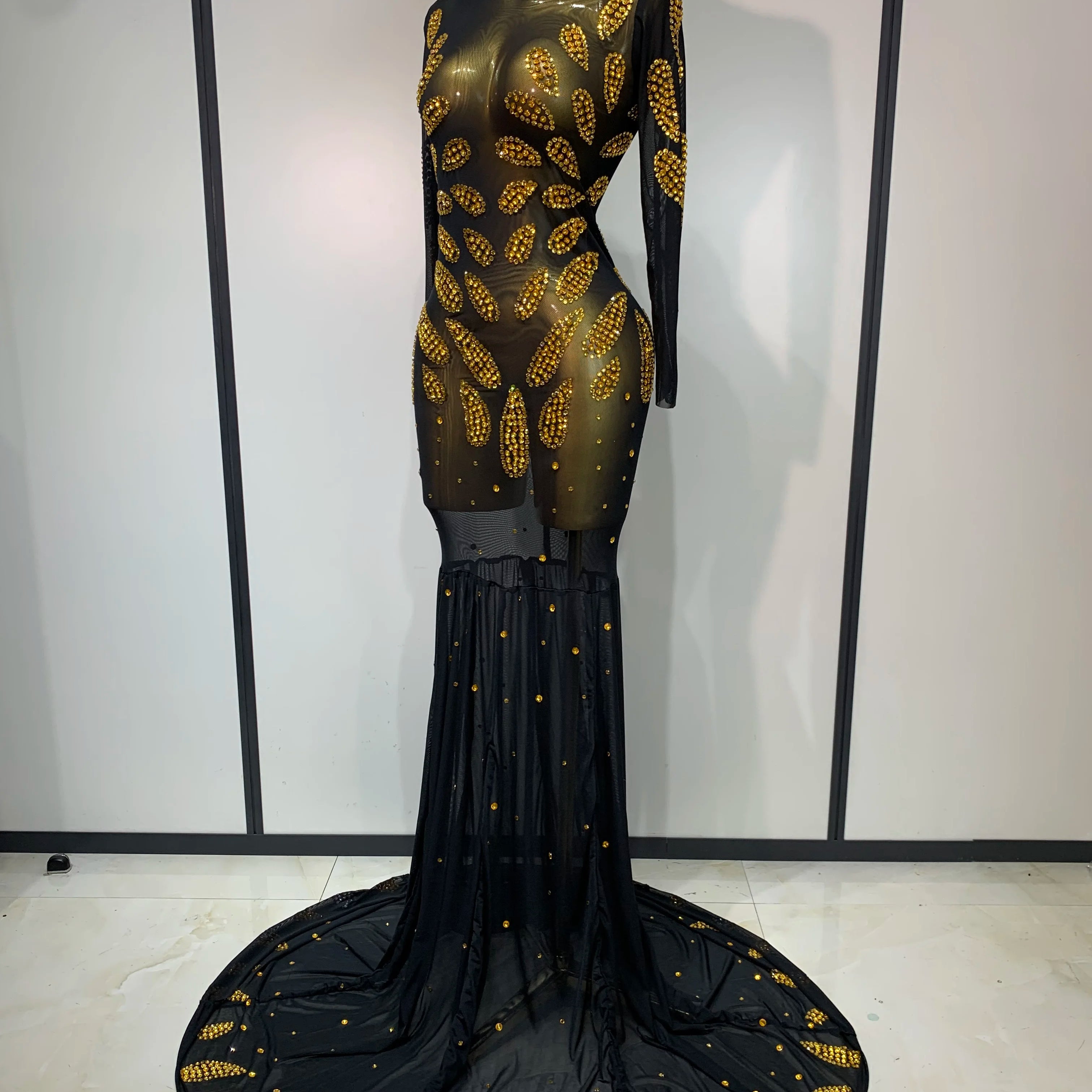 Vestido de palco de alta qualidade para performance sexy de malha transparente maxi vestido longo roupa de boate traje de dança para cantoras vestido de festa elegante