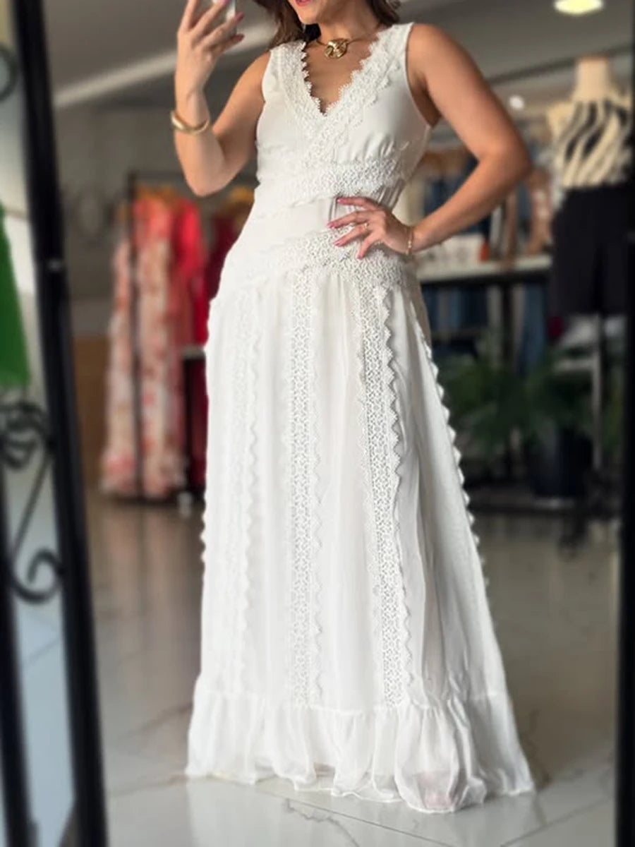 TWOTWINSTYLE White Spliced Lace Minimalist Dresses for Women V Neck Sleeveless Temperamnet Long Dress Female Fashion Clothes New