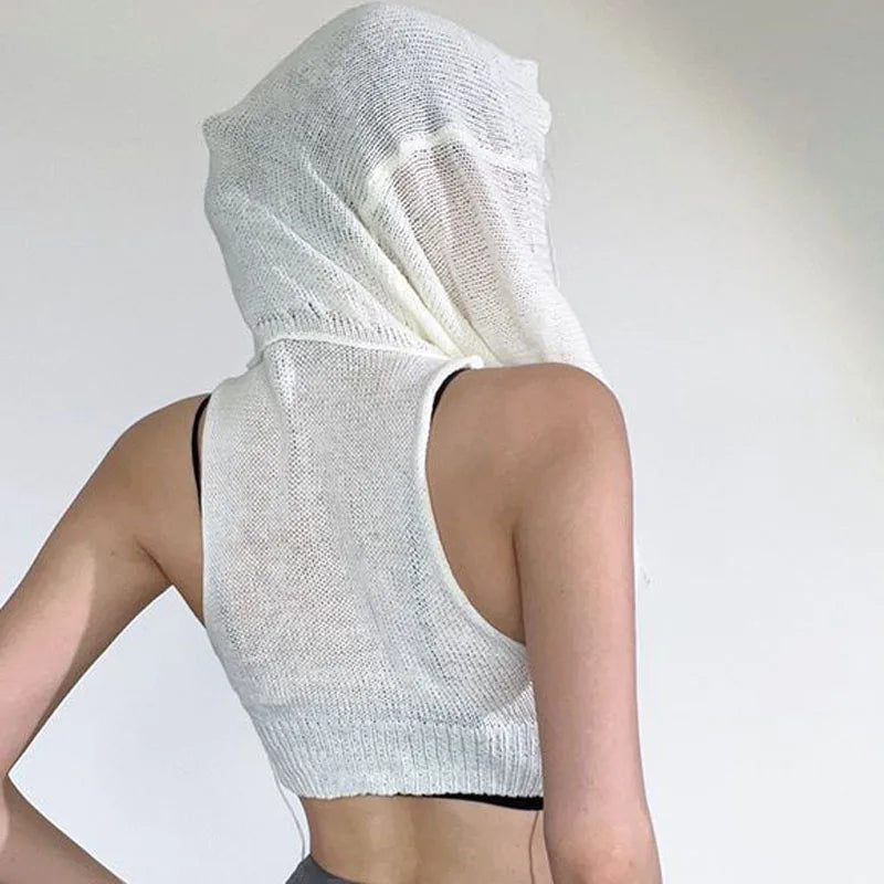Knitted Y2k Hooded Crop Top Women Summer Sleeveless Off Shoulder T Shirt Top Hooded Tee Street Wear Fashion White Yuqung
