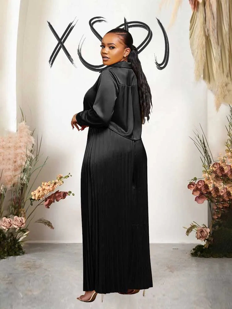 2 Piece Sets Women Outfit Luxury Elegant Autumn Long Sleeve Button Top and Pleated Pants Set Casual Ladies Clothes Plus Size