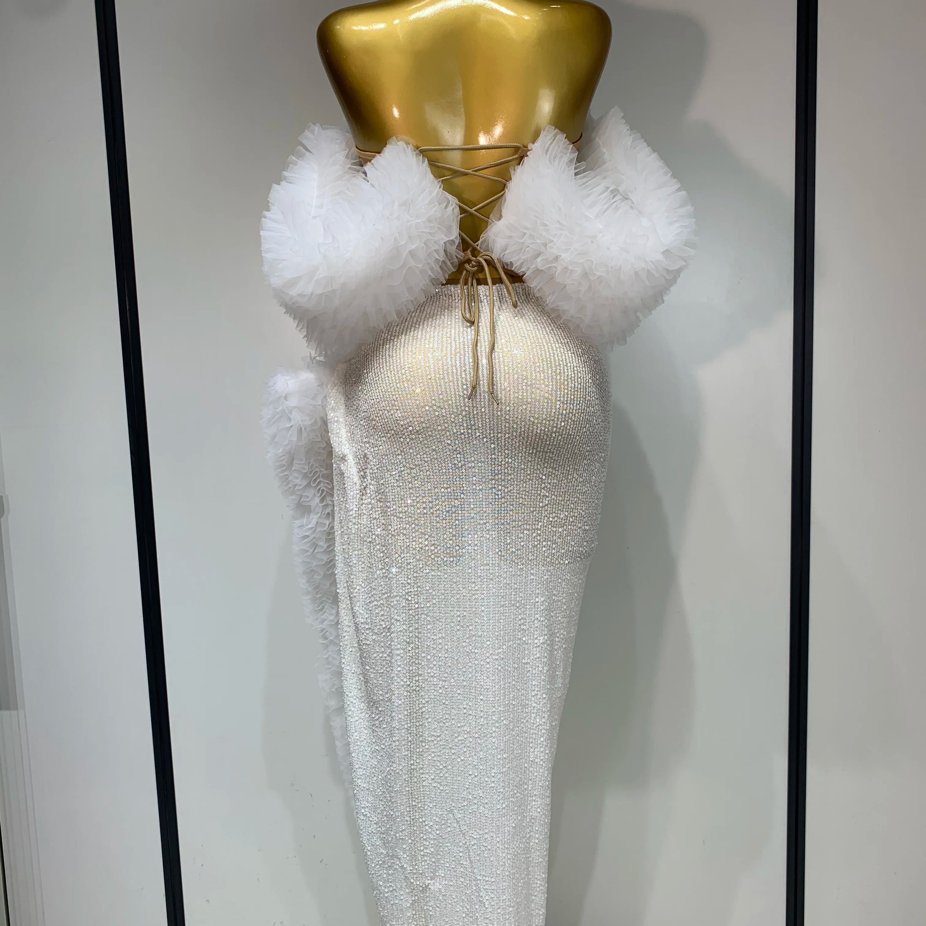 Women Elegant Sparkly Sequins Top Long Skirt Two Pieces Set Evening Party Luxury Birthday Nightclub Singer Dancer Stage Outfit