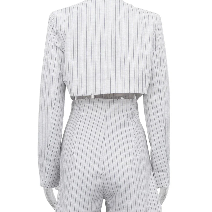 Clacive Fashion Stripe Print 2 Piece Sets Women Elegant Slim Long Sleeve Irregular Top With High Waist Shorts Set Streetwear