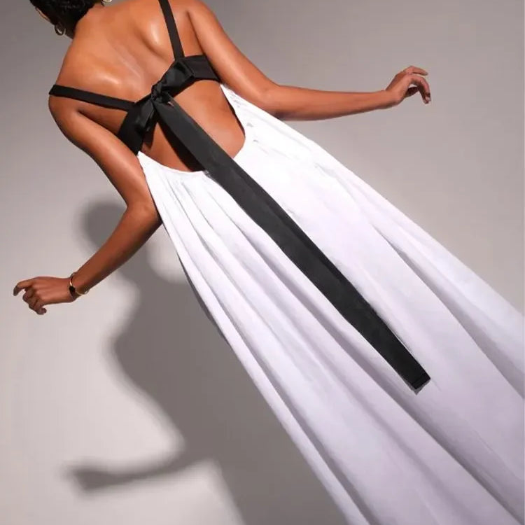 Women Fashion Color Matching Halter Maxi Dress Ladies Sexy Backless Off Shoulder Sleeveless Dresses Female party Holiday Robes white