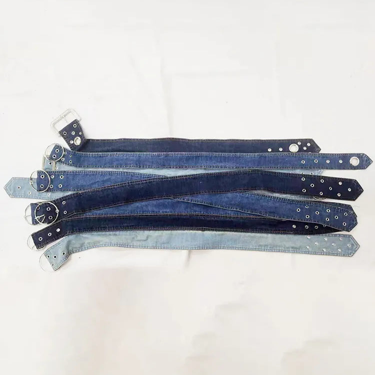 DEAT Fashion Women's Denim Skirt Low Waist Washed Irregular Metal Hole Belt Spliced A-line Skirts Autumn 2023 New Tide 7AB767