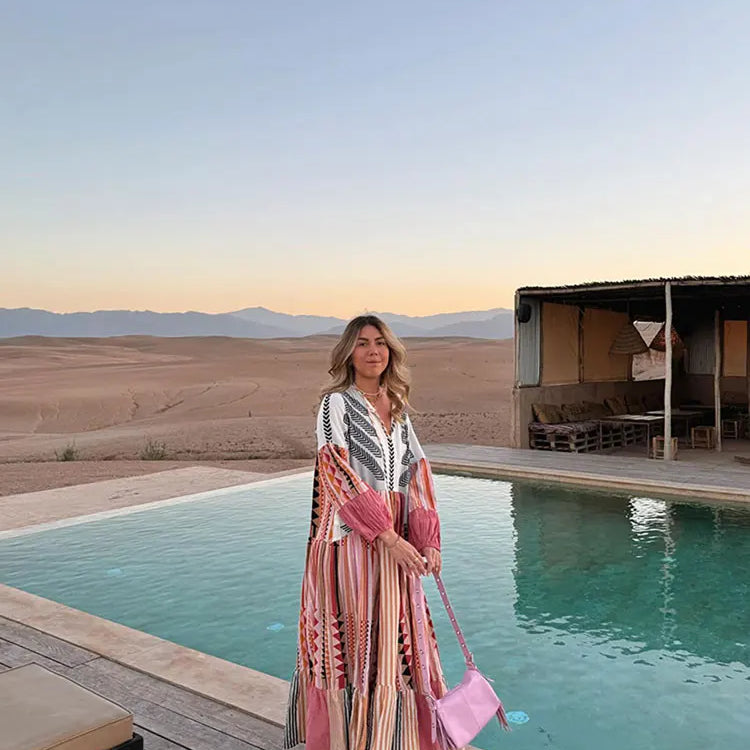 Fashion Puff Sleeve Patchwork Print Midi Dress Women Sexy V Neck High Waist Long Dresses Female Vacation Street Vestidos Picture Color 3