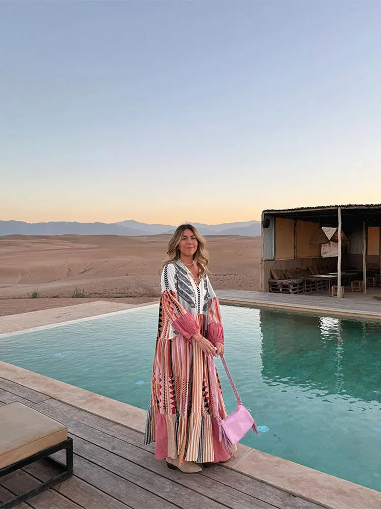 Fashion Puff Sleeve Patchwork Print Midi Dress Women Sexy V Neck High Waist Long Dresses Female Vacation Street Vestidos Picture Color 3