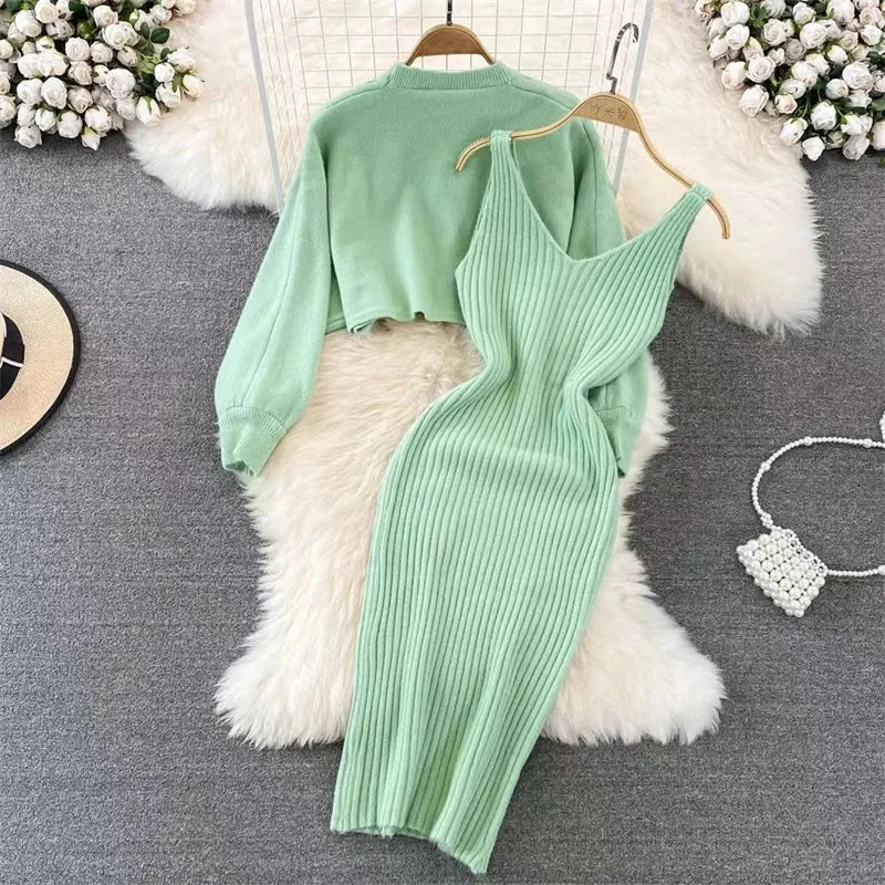 Korean Fashion Knitted Dress Sets Women Elegant Long Sleeve Pearl Sweater+Knitted Camis Dress Sets Sweater Casual Pullovers Suit