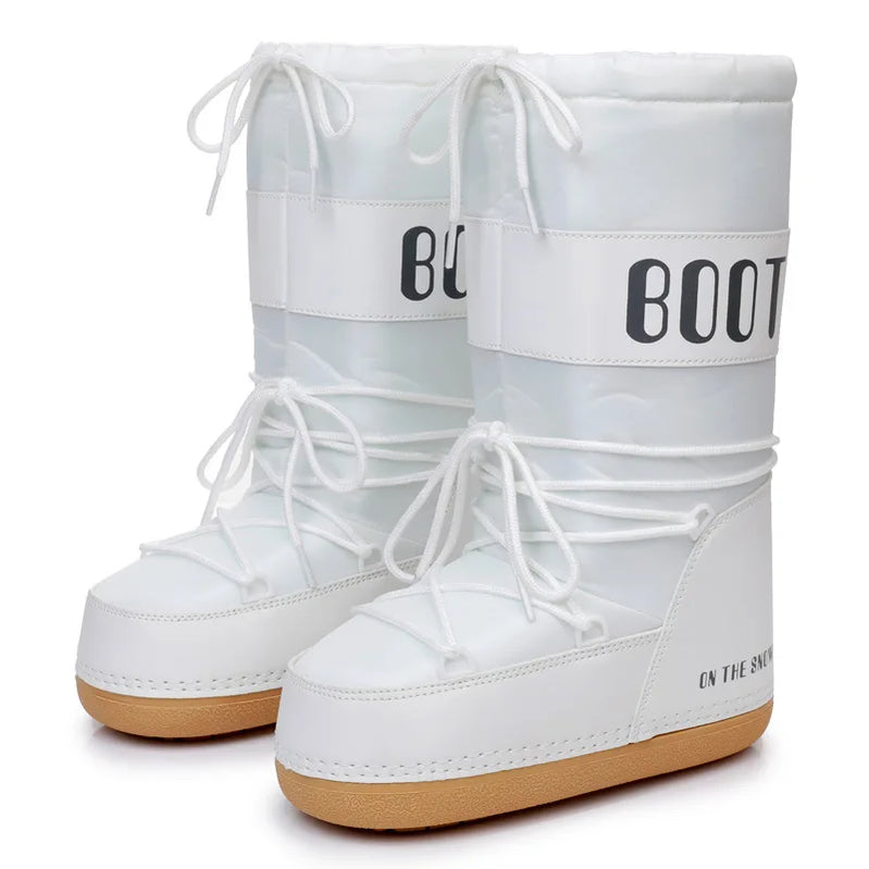 Winter Snow Boots Women Brand Design Lace-up Platform Mid-calf Waterproof Ski Boots Female Pink Black White Cotton Boots white