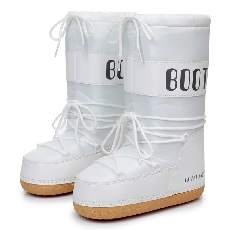 Winter Snow Boots Women Brand Design Lace-up Platform Mid-calf Waterproof Ski Boots Female Pink Black White Cotton Boots white