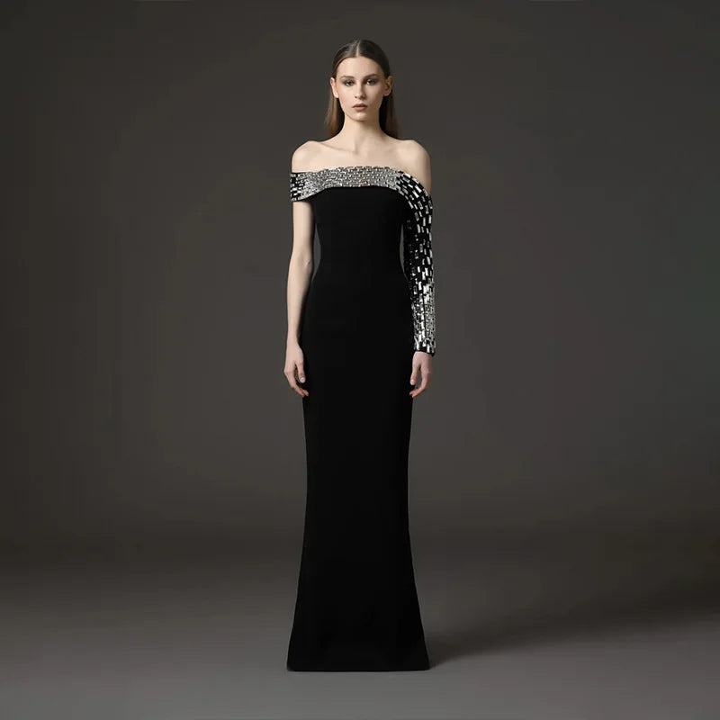 Women Sexy One Shoulder Shinning Crystal Bodycon Long Bandage Dress Elegant Evening Party Celebrity Red Carpet Wear