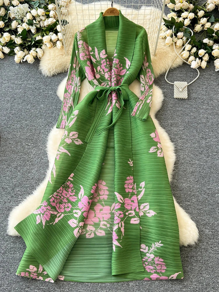 XFPV Elegant Style Long Sleeve Lapel Waist Cinching Strap Pleated Print Dress Vestidos For Women Y2k Korean Fashion Autumn 2024