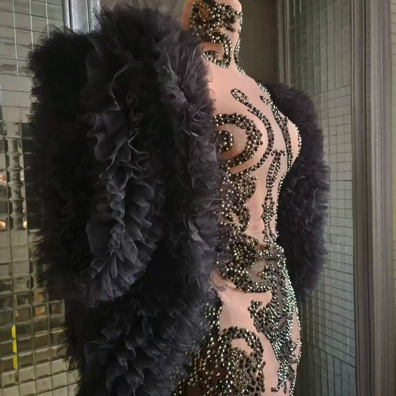 Women Sexy Mesh See Through Black Crystal Stretchy Night Club Celebrity Singer Dancer tage Costume Mini Party Dress