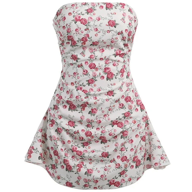 Women's Small Fresh Floral Breasted Short Dress Slim Sexy Big Backless Dress Casual Vacation Style Spice Girls Short Dresses pink