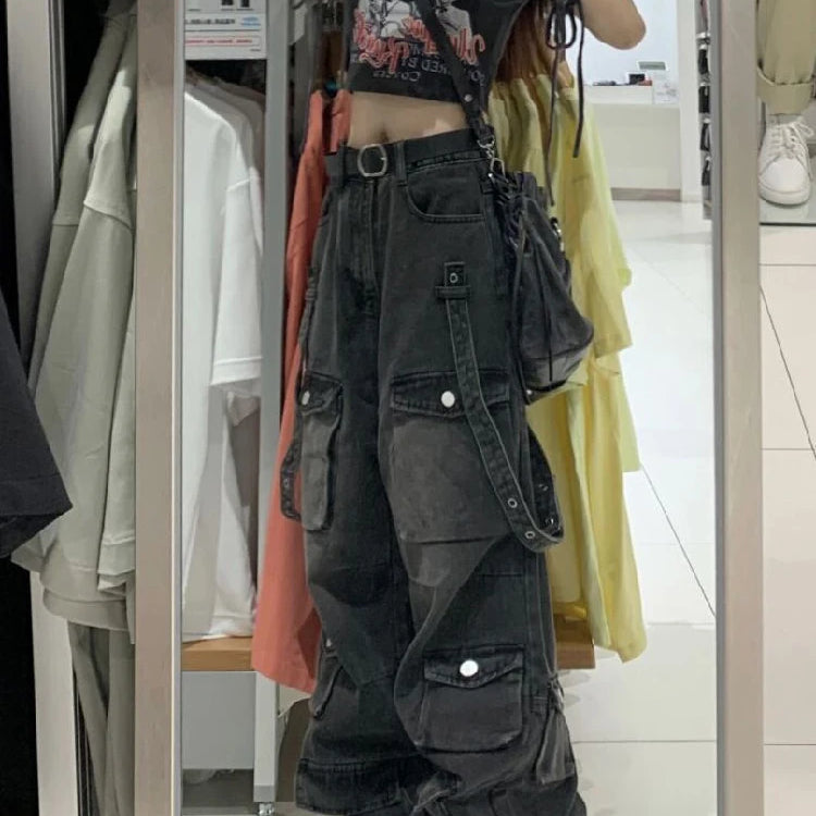 Y2k Cargo Jeans Pants Women Rave Pants Street Oversize Loose Wide-leg Pockets Female Pant Vintage Hip Hop Denim Trousers black