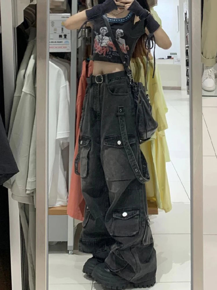 Y2k Cargo Jeans Pants Women Rave Pants Street Oversize Loose Wide-leg Pockets Female Pant Vintage Hip Hop Denim Trousers black