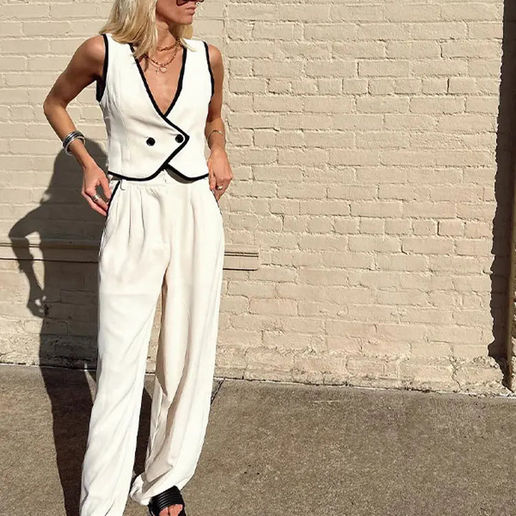 Womens Spliced V-neck Sleeveless Tank Top Suits Elegant Casual Pocket Wide Leg Pant Women 2 Piece Sets Vest Pants Outfit