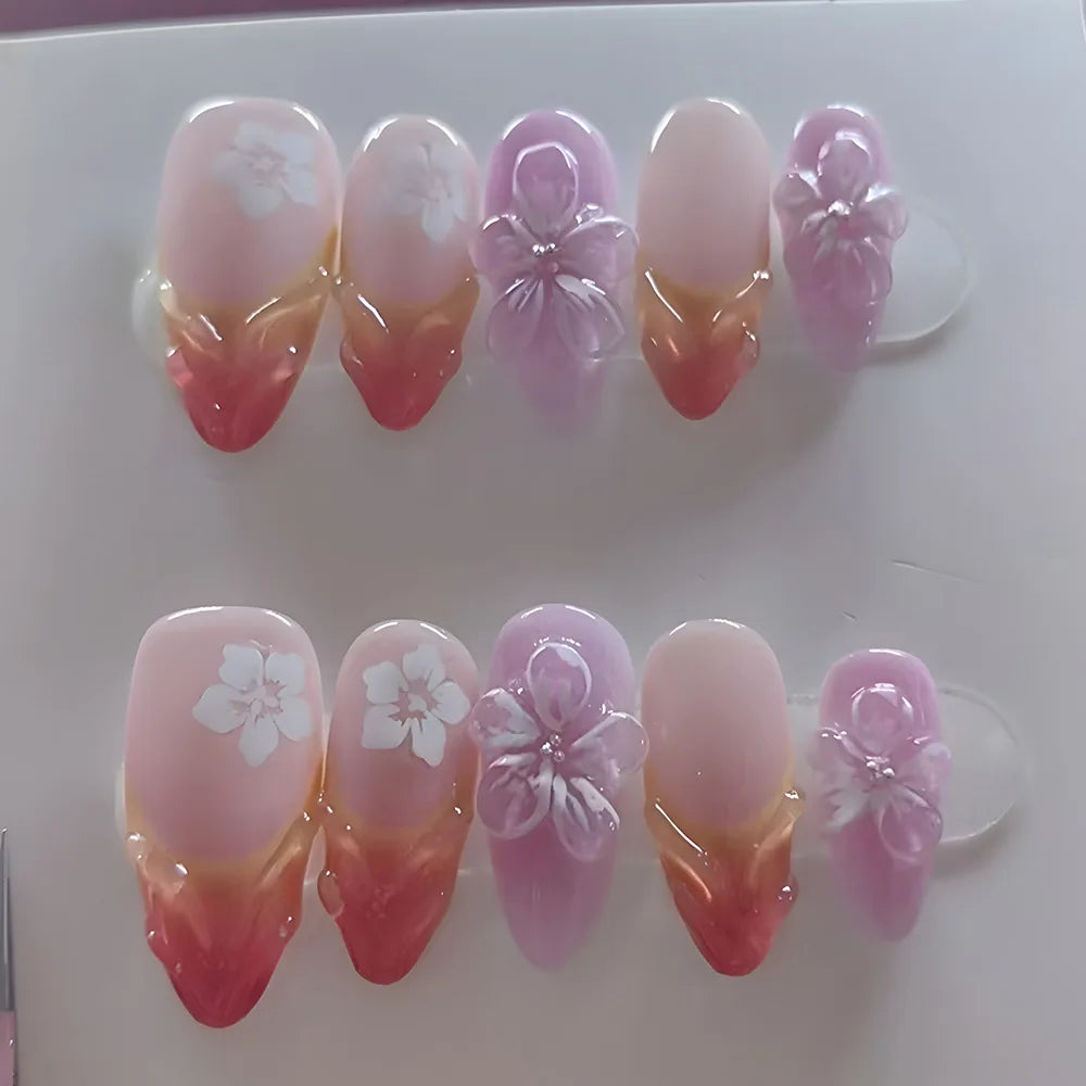 24pcs Purple Short Almond False Nails Press on Pearl Flower Design Nails Corrugation Tips Fake Nail Art Wearable Full Cover Nail