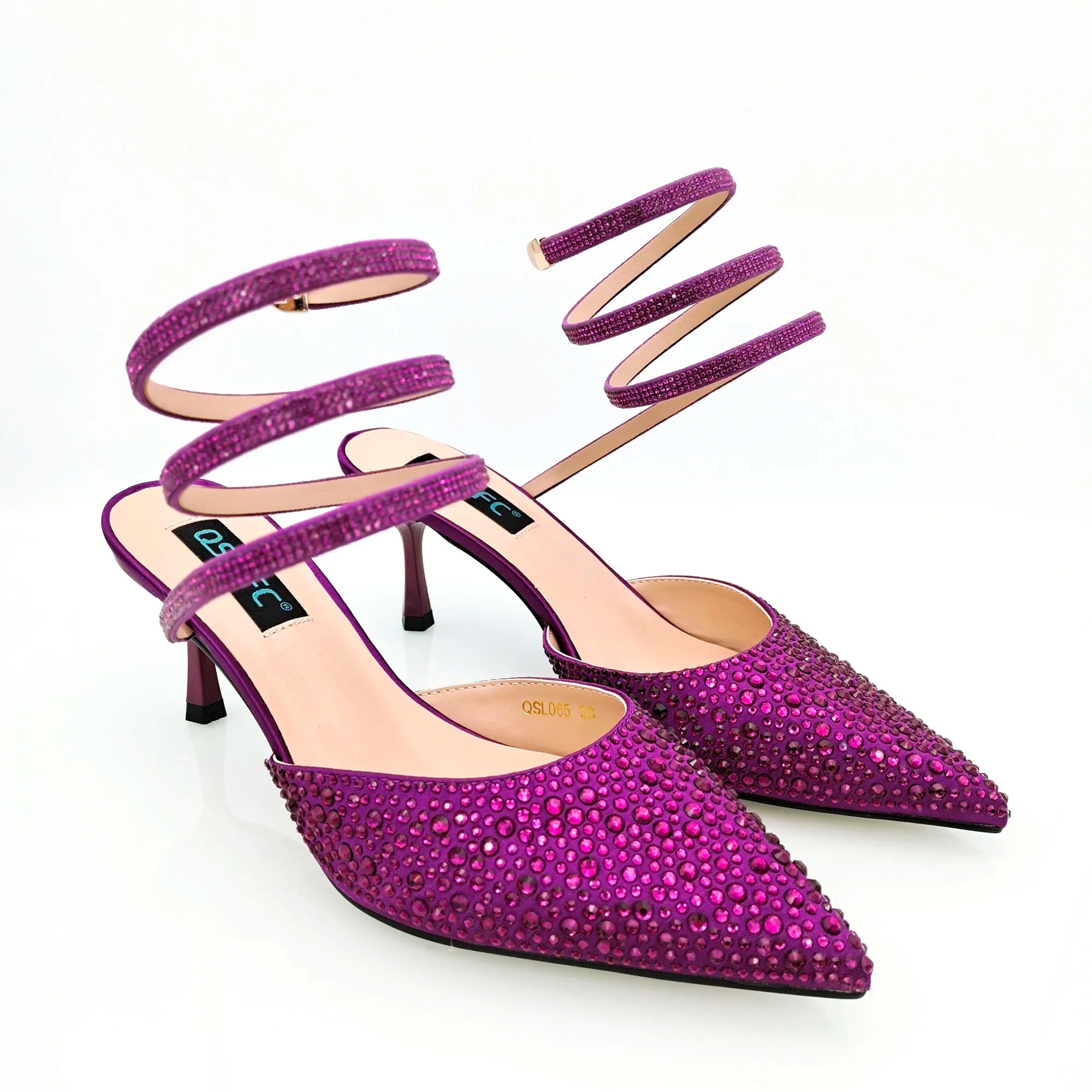 Gold Color Shine Luxury Design Heart Shaped Packet And Mid-heel Rhinestone Snake Wrap Strap Pointed Toe Shoes And Bag A PAIR SHOES MAGENTA