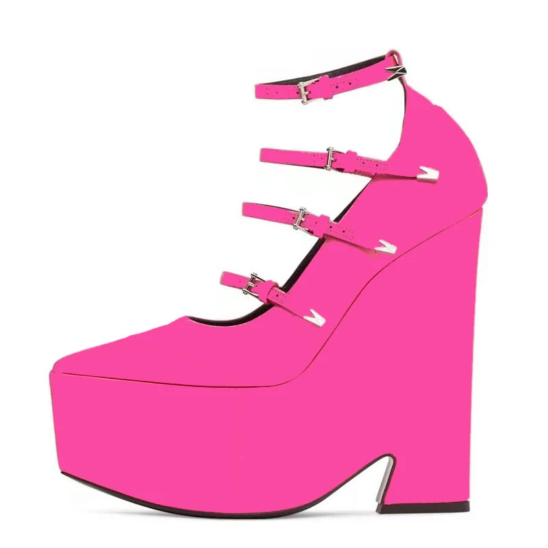 YJXKJY 2023 Spring Autumn Women's Shoes Super High Heel Party Fashion Mary Jane Thick Sole Buckle Show Nightclub Ladies Shoes rose satin