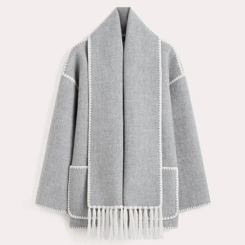 Fashion Embroidery Coat With Scarf For Women Long Sleeve Pockets Jacket Female Autumn Single Breasted Loose Lady Streetwear as picture 2