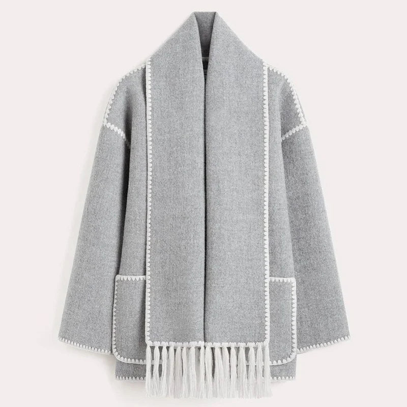 Fashion Embroidery Coat With Scarf For Women Long Sleeve Pockets Jacket Female Autumn Single Breasted Loose Lady Streetwear as picture 2