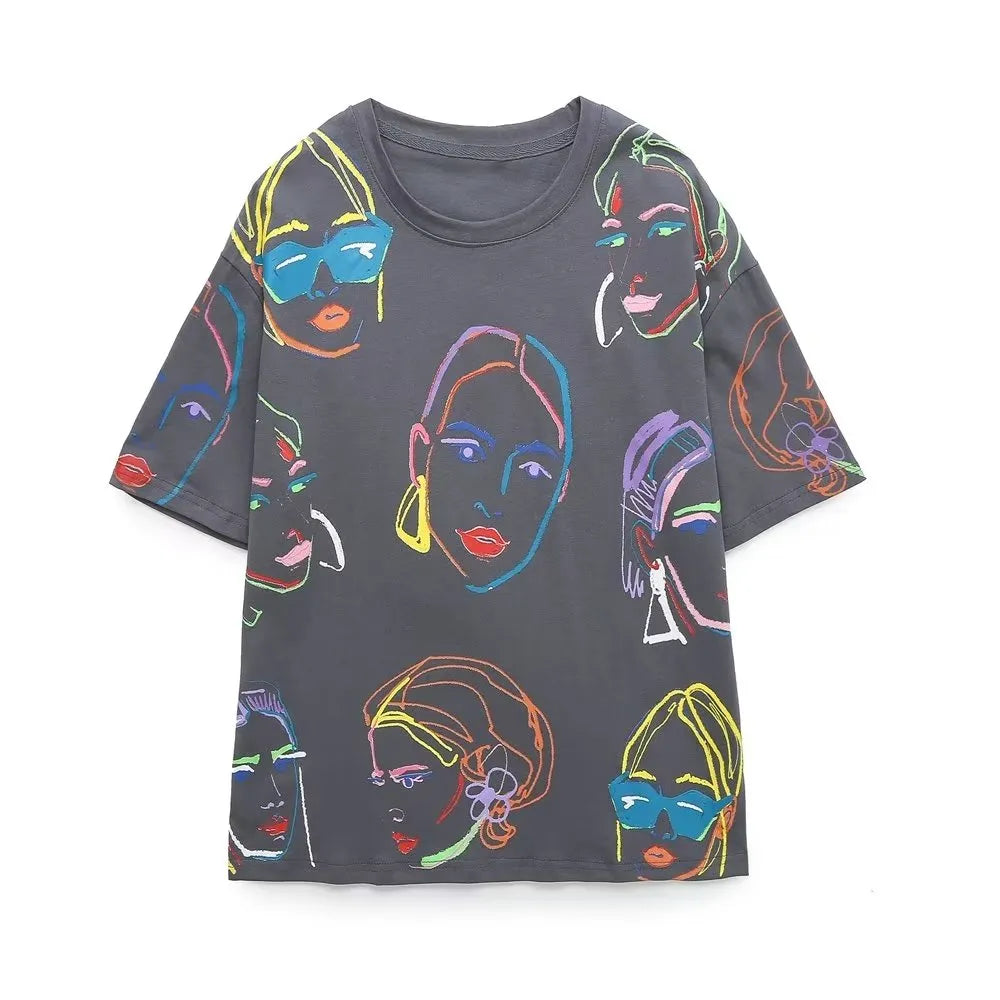 Women Fashion Contrast Color Girls Print Casual T Shirt Female Basic O Neck Short Sleeve Chic Leisure Tops T3069 FH T3069TOU