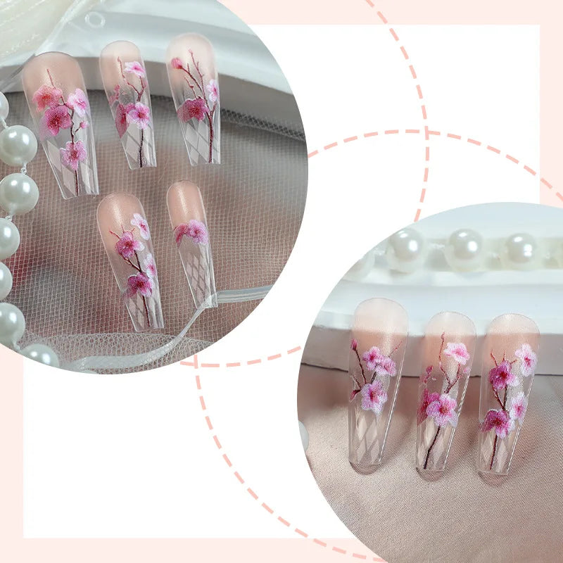 24pcs National Style Plum Blossom Painting 2D Flower Press on Nails Diamond Shape Simple Nails Full Cover Wearable False Nails