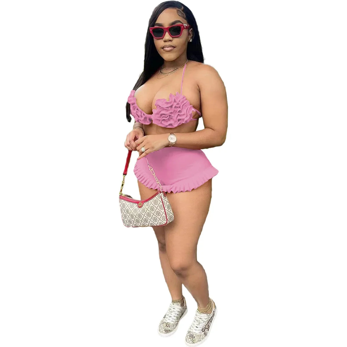 CM.YAYA Women's Set Ruffles Crop Top Bra and Shorts Bikini Set Streetwear Casual Two 2 Piece Outfits Summer 2024 Beach Holiday