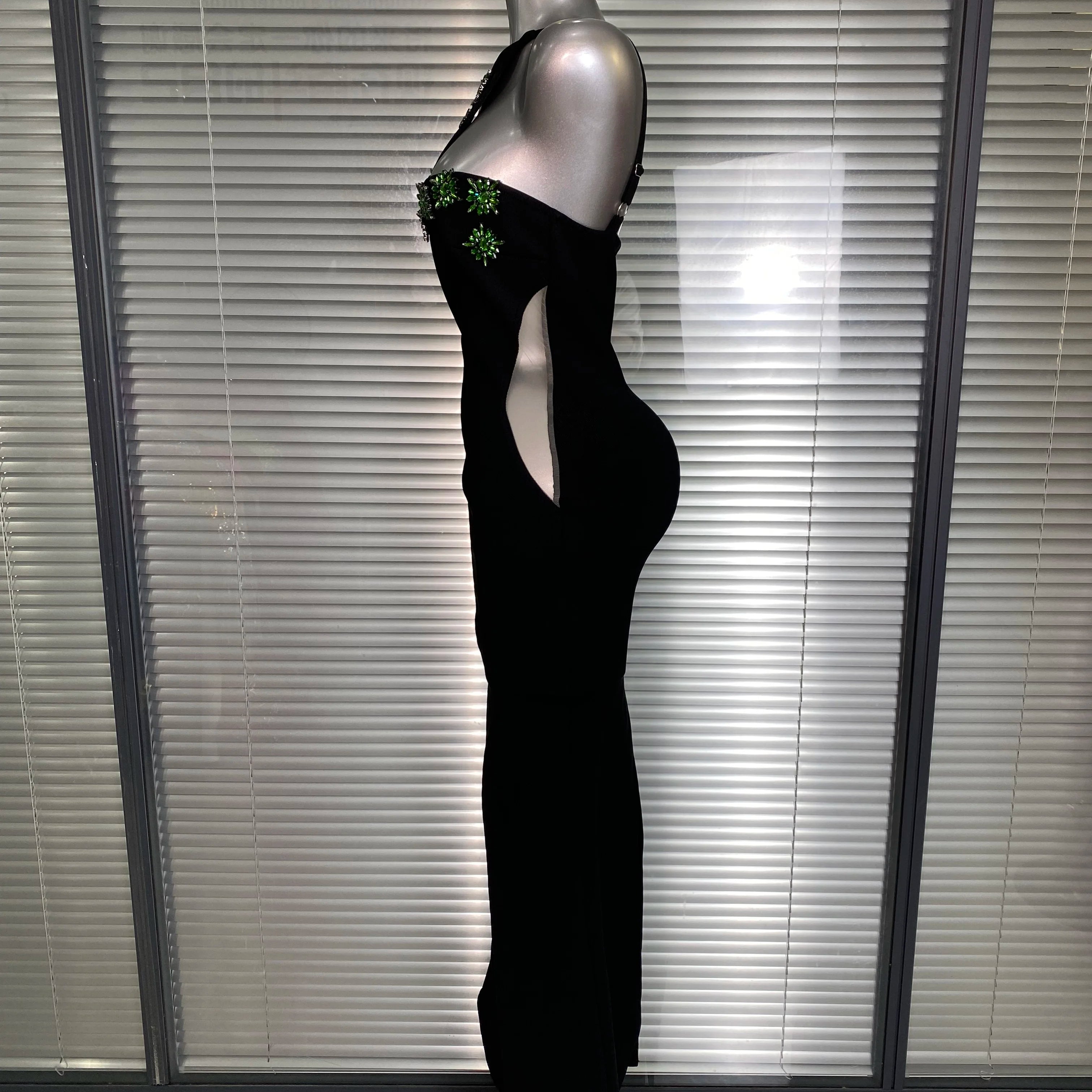 Summer New 2025 Women Black One Shoulder Long Bodycon Bandage Dress Green Flower Crystal Evening Party Dress Vestido