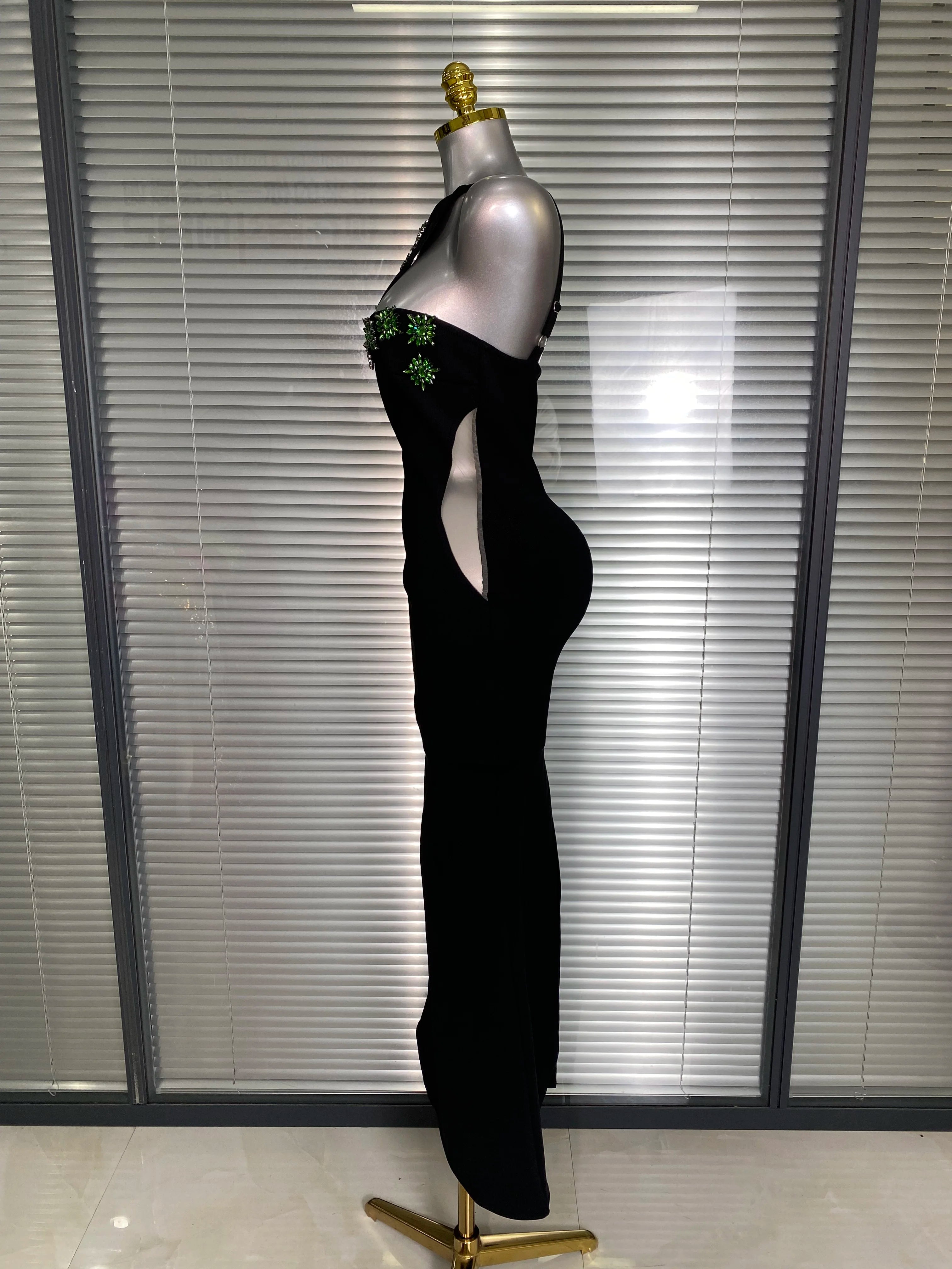 Summer New 2025 Women Black One Shoulder Long Bodycon Bandage Dress Green Flower Crystal Evening Party Dress Vestido