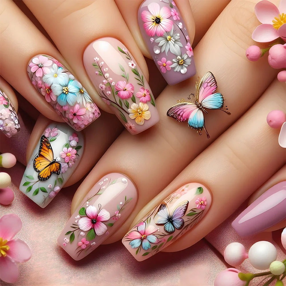 24Pcs Mid-length Ballet Fake Nails Pink Gradient with Spring Flower Sea Design Wearable Press on Nails Acrylic Nail Tip Manicure