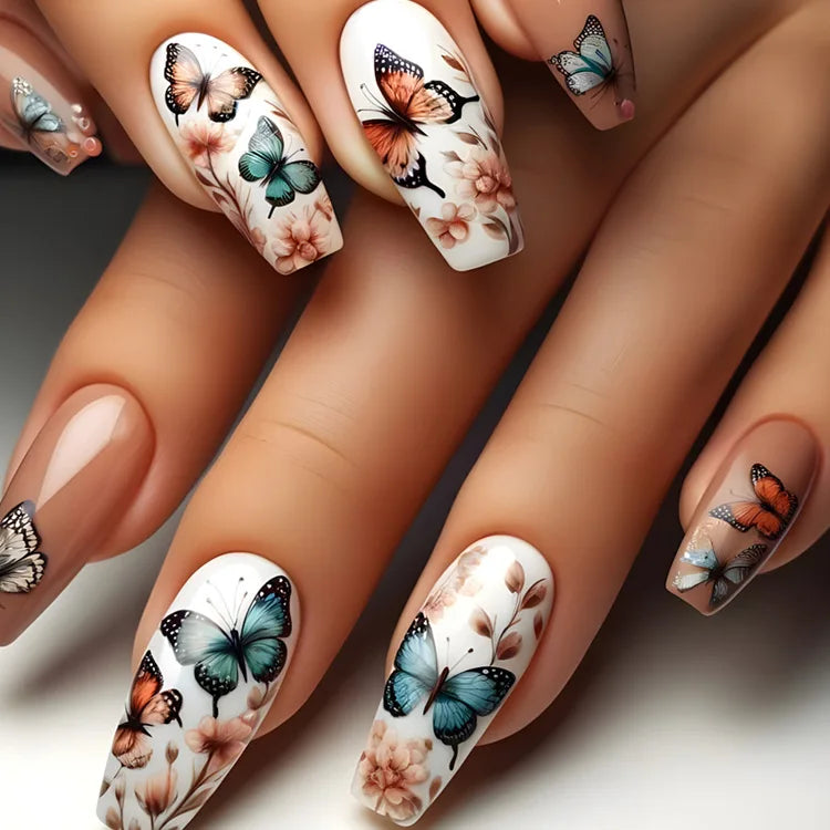 Fake Nails Full Cover Leaf Butterfly Design Art with Glue Wearing French Ballet False Nails Detachable Mid-length Manicure 24Pcs