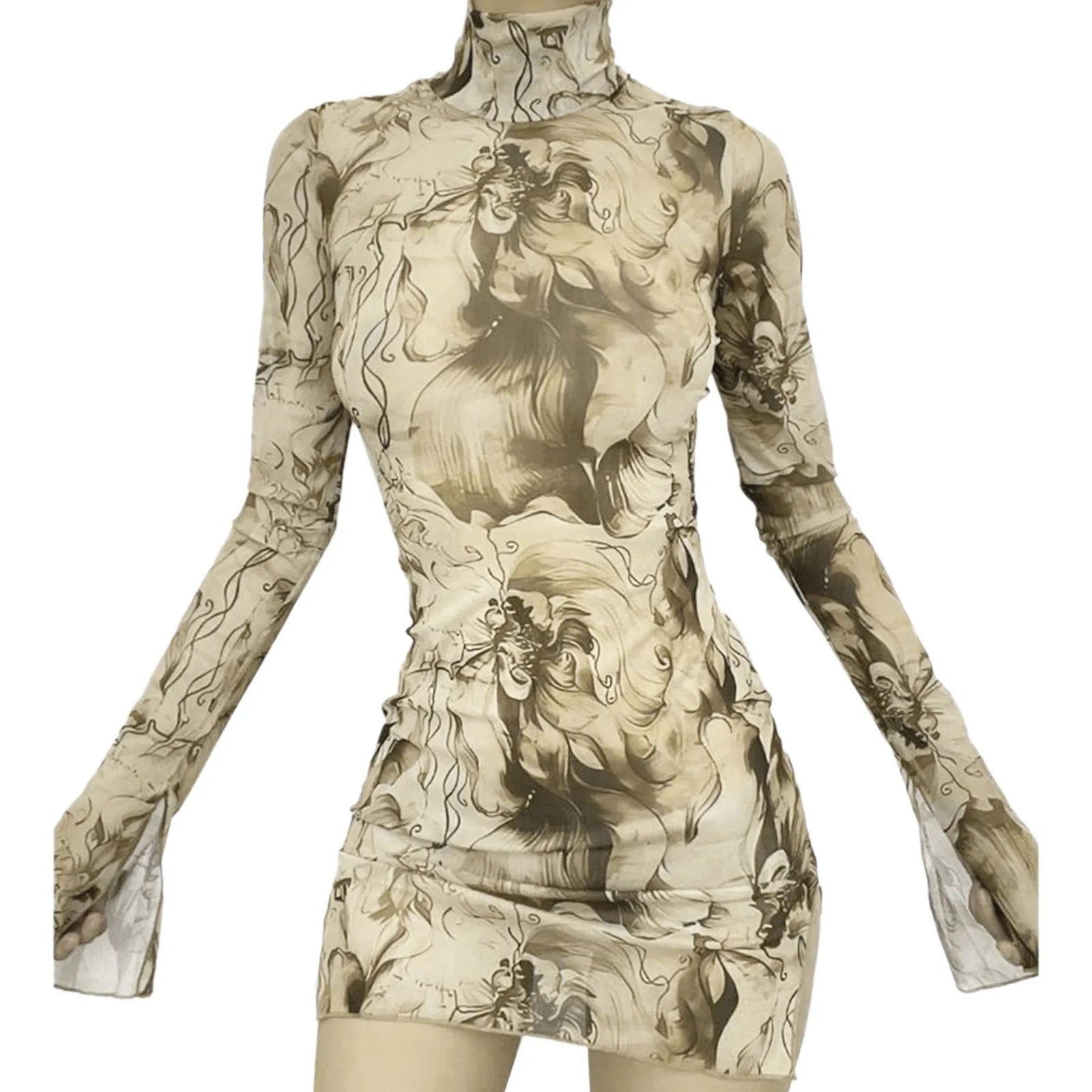 Women'S Dresses Free Shipping Ladies Mesh Printed Round Neck Bell Sleeve Side Open Hip Dress Sexy Stretch Slim Mini Skirt Y2k Khaki CHINA