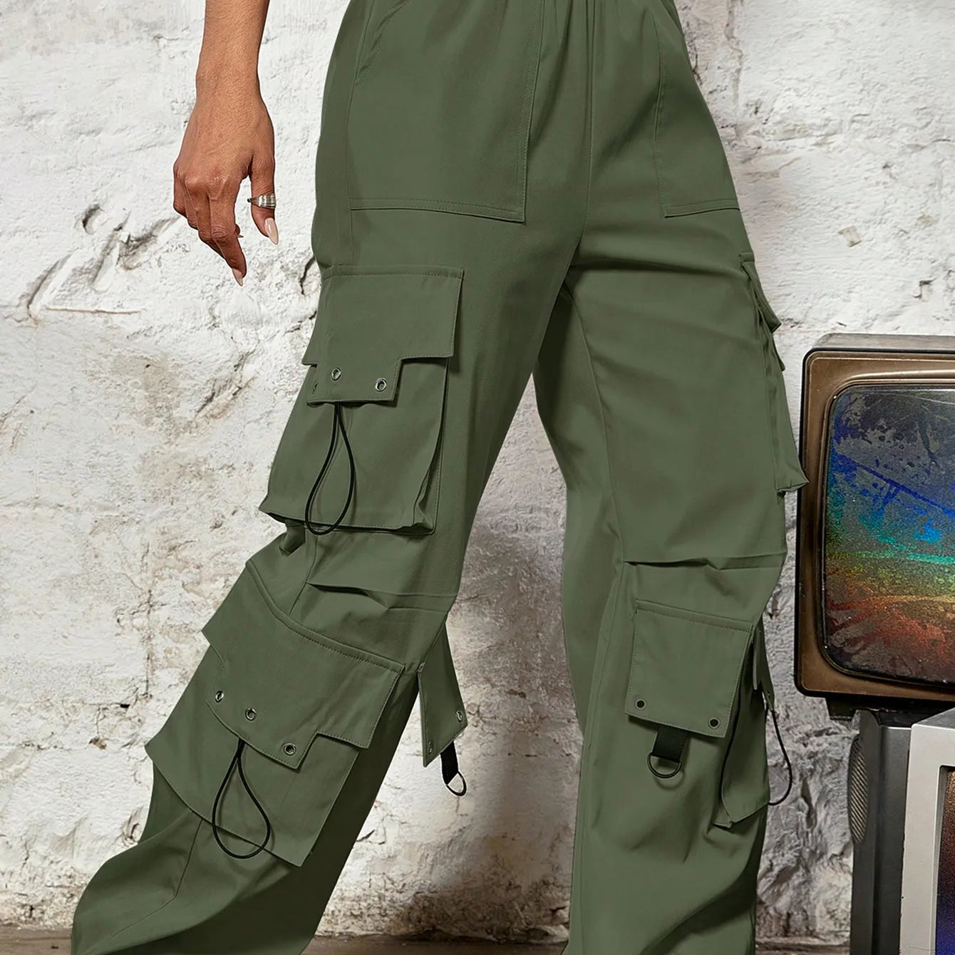 Y2k High Street Trend Hip Pop Flap Pocket Side Solid Color Elastic Waist Loose Straight Cargo Pants Streetwear army-green