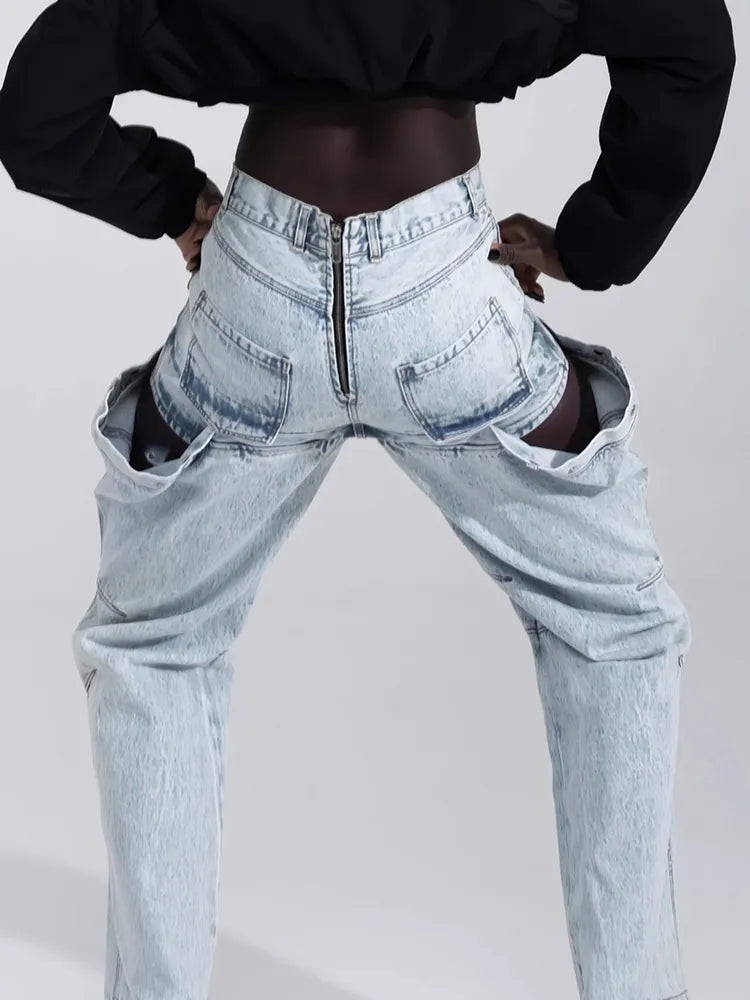 Irregular Hollow Out Spliced Button Jeans For Women High Waist Patchwork Zipper Streetwear Denim Long Trousers Female Style