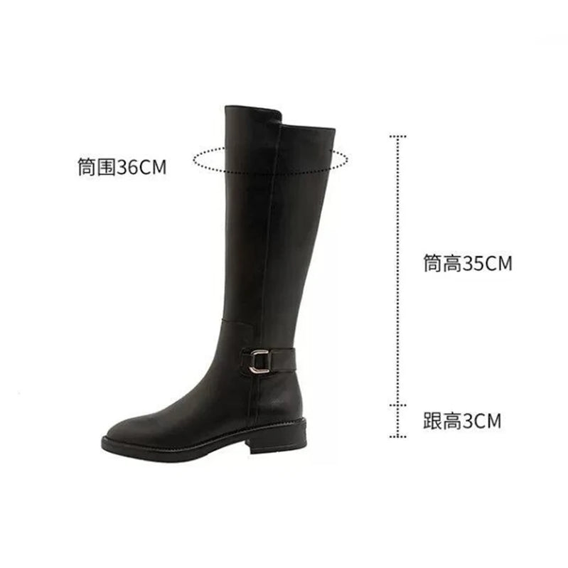 Pu Leather Knee Boots for Women Shoes Buckle Metal Decoration Fashion Outdoor Ladies Footwear Size 34-41 Long Black Botas