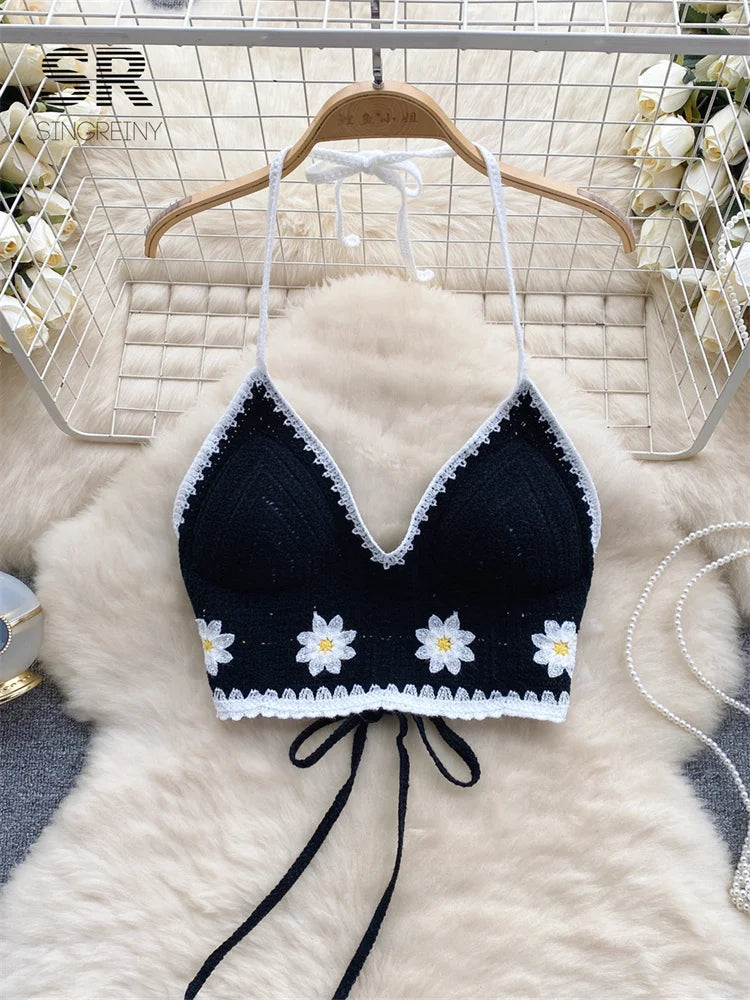 SINGREINY Floral Hook Knit Camisole Women Elegant Backless Fashion Vacation Ladies Backless Summer Bikini Sexy Beach Bra black One Size