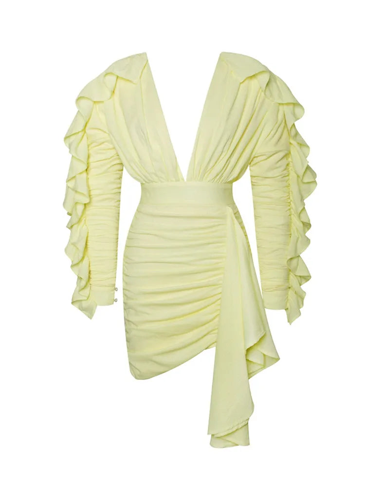 Yellow Green Women Butterfly Sleeve Sexy Deep V-Neck Bodycon Mini Dress Fashion Nightclub Party Dress