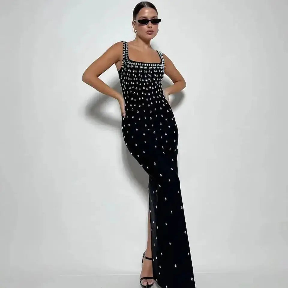 Vestido longo feminino, preto, azul-celeste, sem mangas, sexy, gola redonda, brilhante, com cristais, colado, bandagem, roupa para festa e boate
