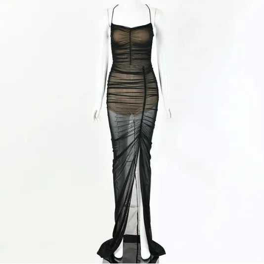 Women Summer Sundress Bikini Mesh Cover Up Maxi Black Dress Blackless Cross Back Strap