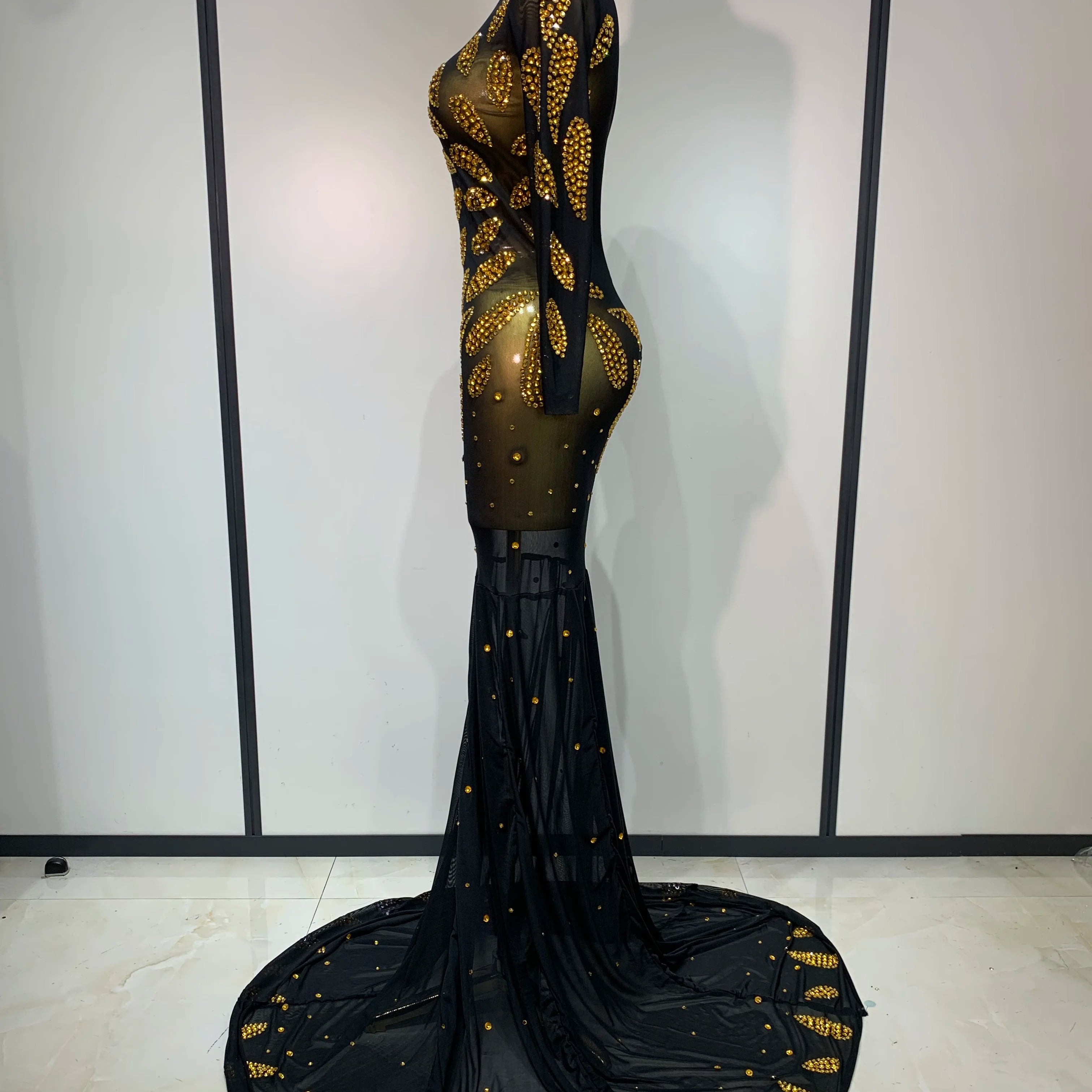 Vestido de palco de alta qualidade para performance sexy de malha transparente maxi vestido longo roupa de boate traje de dança para cantoras vestido de festa elegante