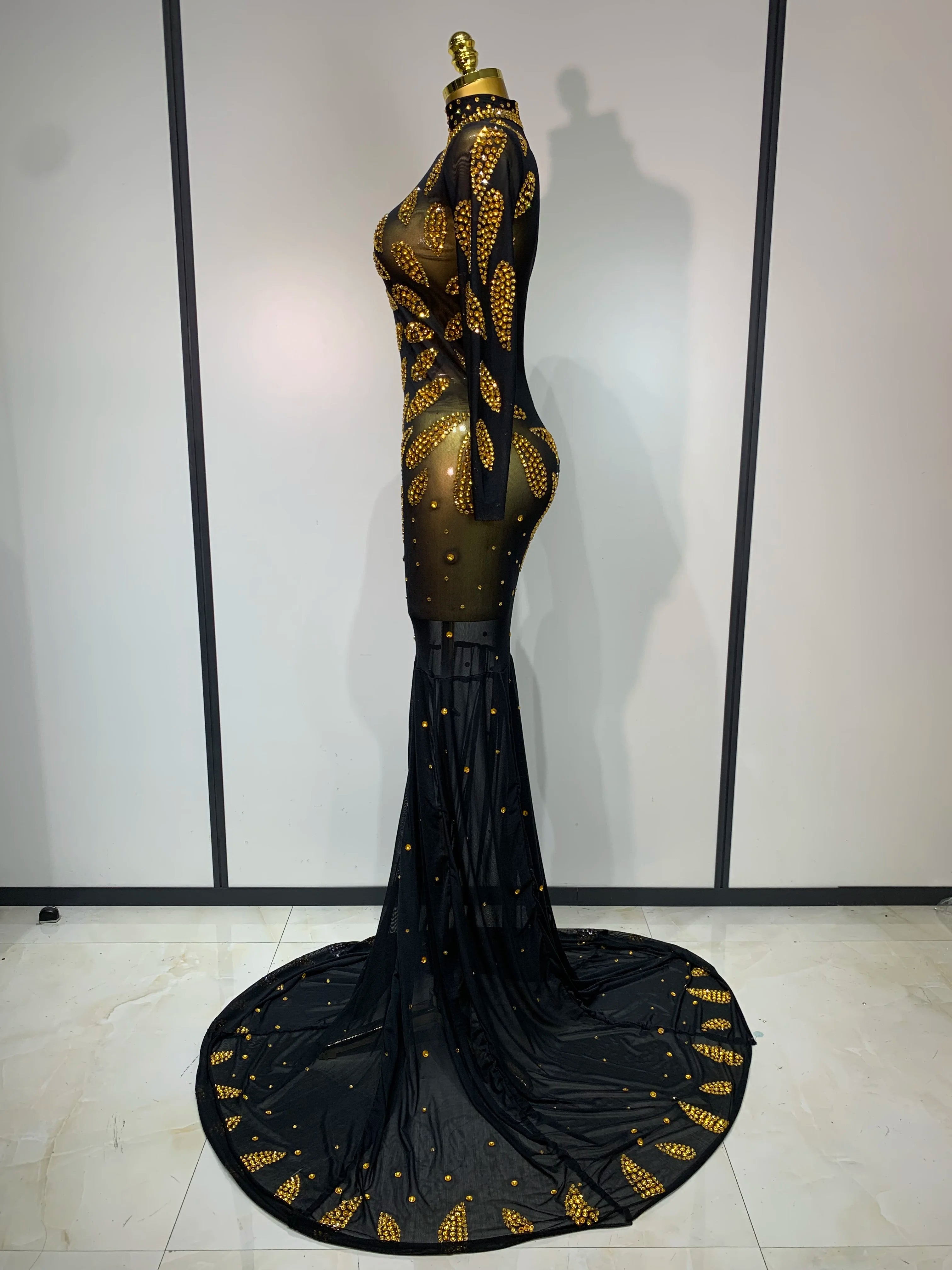 Vestido de palco de alta qualidade para performance sexy de malha transparente maxi vestido longo roupa de boate traje de dança para cantoras vestido de festa elegante