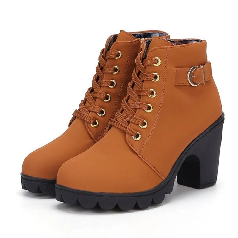 Spring Winter Women Pumps Boots Lace-up European Ladies Shoes PU High Heels Boots