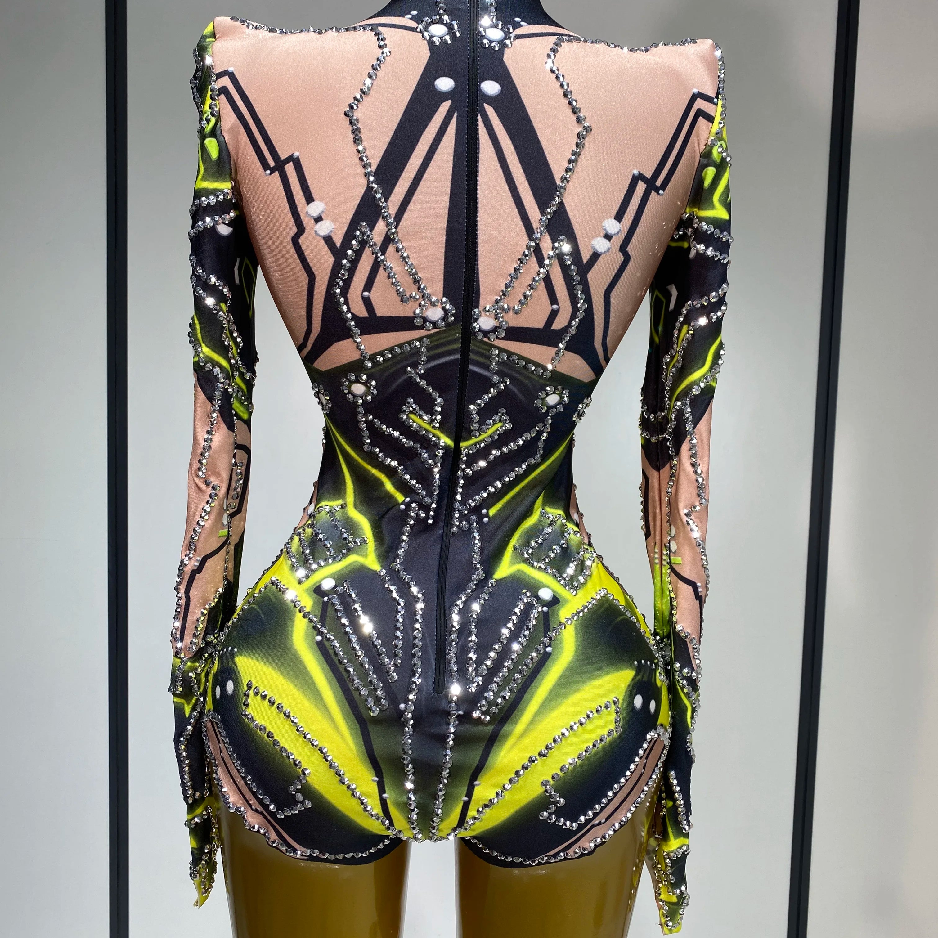 Women Sparkly Rhinstones High Street Bodysuit Performance Dance Singer Costume Nightclub Evening Party Birthday Stage Outfit